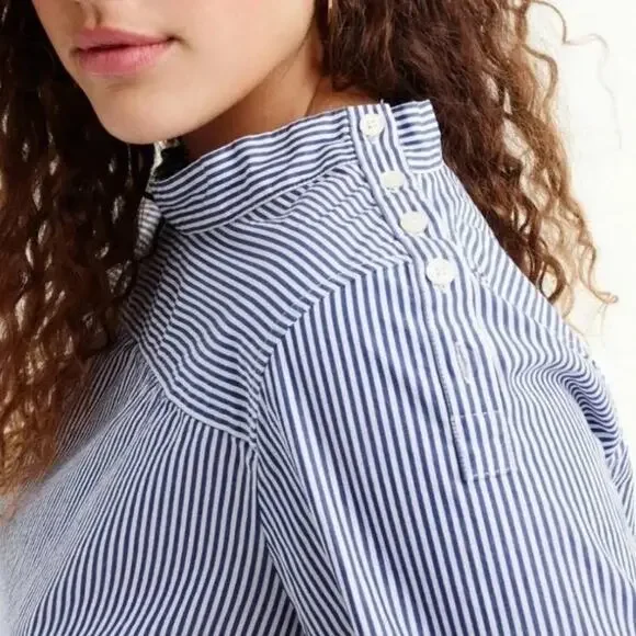 J. Crew Funnelneck Striped Shirt Blue White Button Long Sleeve Women's 4 - Picture 2 of 4
